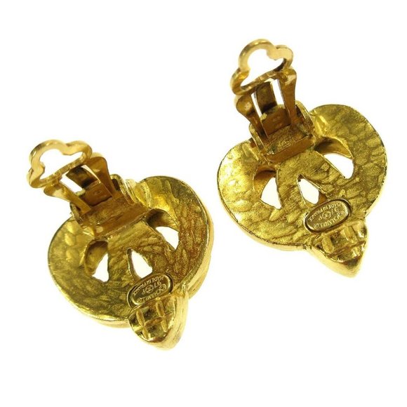 AUTH CHANEL CC Logos Heart Motif Earrings Clip-On Gold-plated - Picture 3 of 4